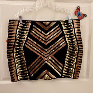 Express Stretchy Mini Skirt, Gold and Bronze Colored Sequin, Size XL